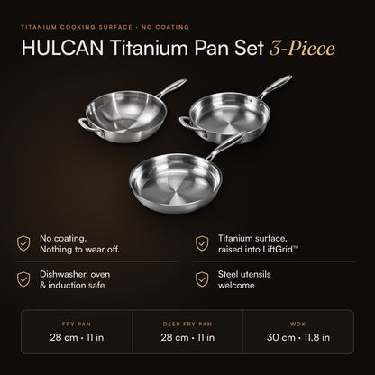 HULCAN® Pure Titanium Deep Fry Pan, 11" + Fry Pan, 11" + Wok, 11.8"